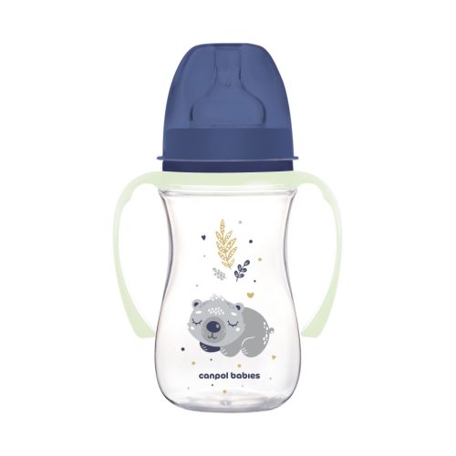 Canpol Babies EasyStart anti-kólikás cumisüveg világító fogantyúval 240ml (3h+) - Sleepy Koala - Kék