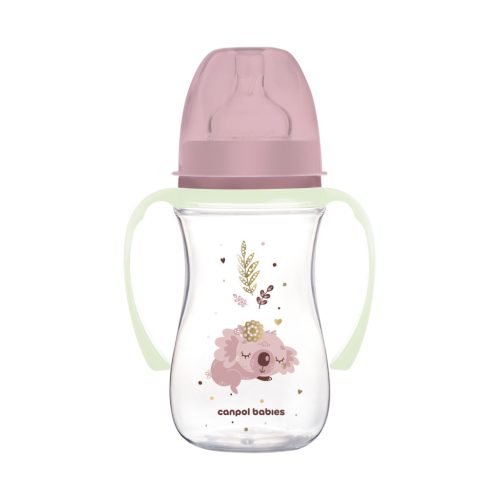 Canpol Babies EasyStart anti-kólikás cumisüveg világító fogantyúval 240ml (3h+) - Sleepy Koala - Rózsaszín