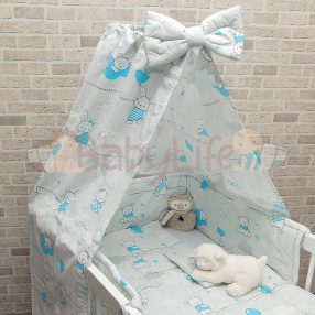   4 részes ágynemű szett nyuszi és maci lufikkal - szürke és kék