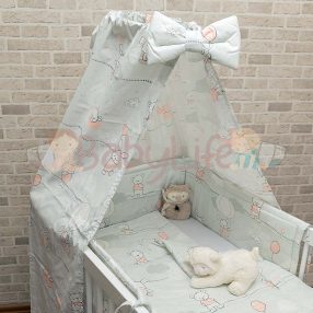   4 részes ágynemű szett nyuszi és maci lufikkal - szürke és rózsaszín